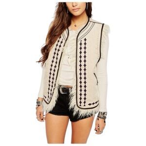 NWT Free People Boho Embroidered Faux Fur Vest in Almond Size XS